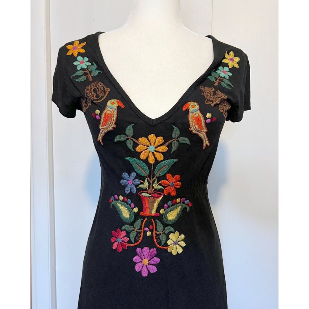 Johnny Was LA JWLA Black Knit Dress with Floral Embroidered LOVE Birds - Picture 3 of 10